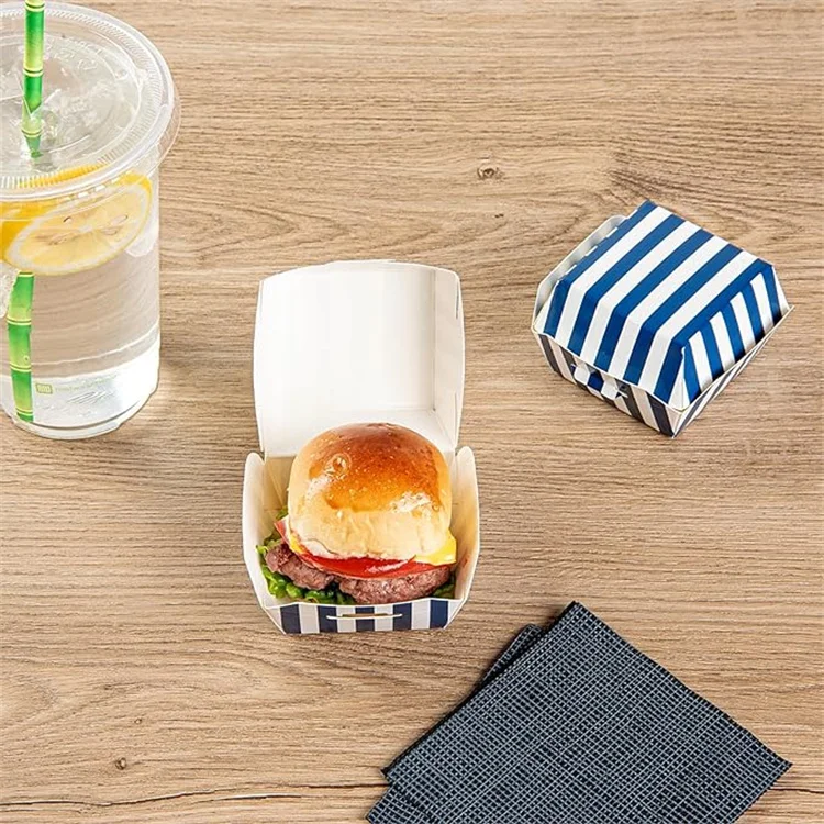 Custom 2.5 X 2.5 X 2 Inch Mini Burger Boxes Hinged Lid Striped Blue and White Paper Take Out Boxes Serve Sliders or Finger Foods