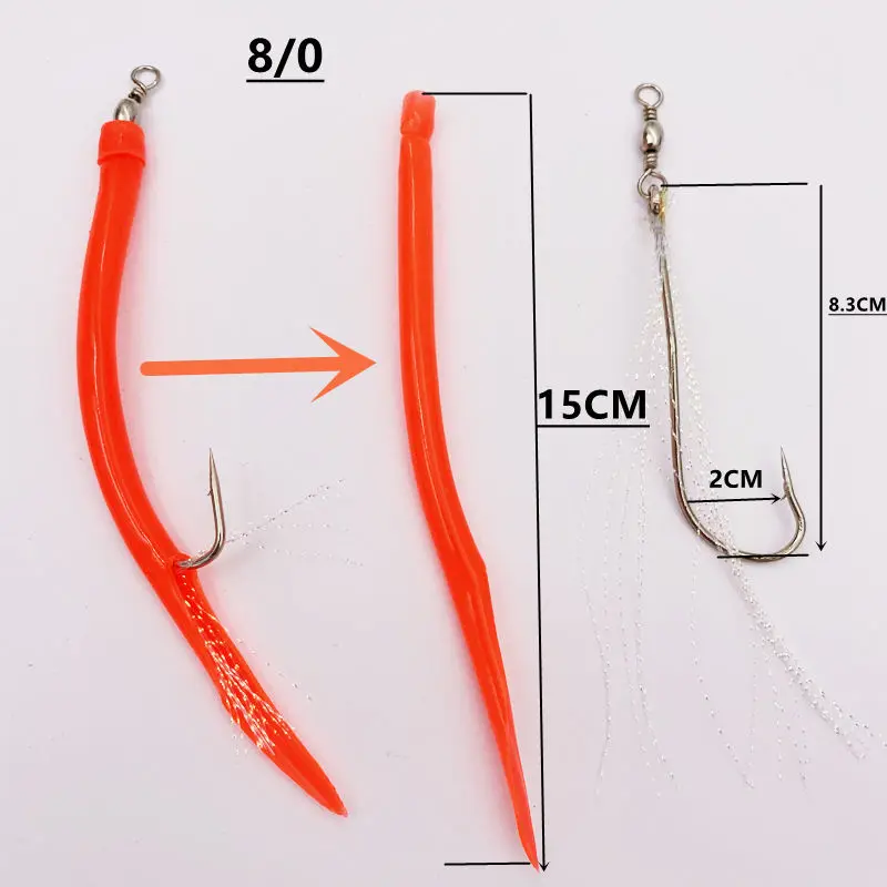 eel fishing hook size New 6/0 8/0 10/0 Luminous Trolling Fishing Eel Jig Hook with Rubber Tubing  Eel Tail Hook for Sea Fishing Shark Rig
