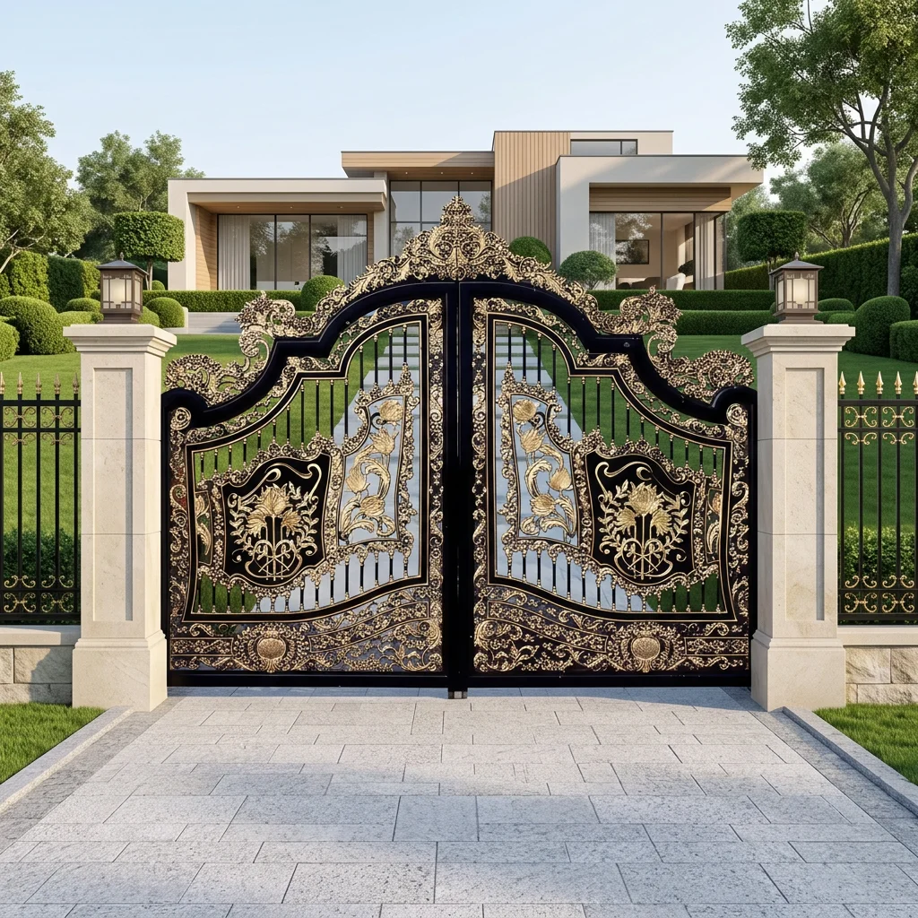 Elegant Spire Top Wrought Iron Automatic Fancy Swing Gate Graceful Pattern for Hotel Park Use Modern Design Durable Construction