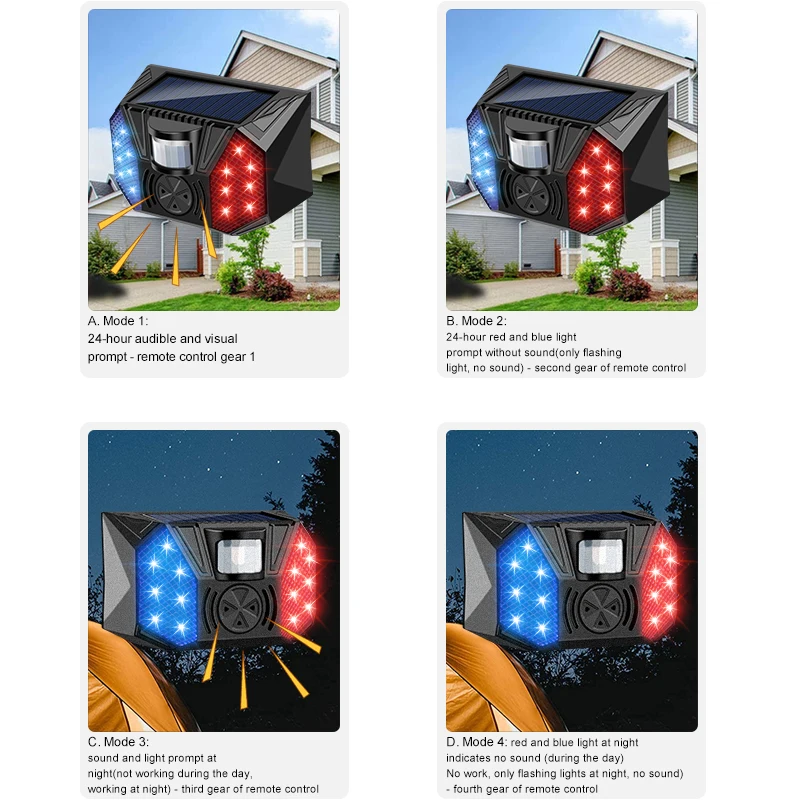 Solar Intelligent Remote Control Alarm With Sound Lights to Repel Animals and Anti Thief Outdoor Waterproof Bird Repeller