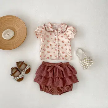 Girls summer new suit 2024 Baby girl doll collar printed short-sleeved top + Lace shorts suit