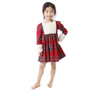 Wholesale Plaid Christmas Kids Baby Girls Party Dress Red Plain Lace Girls Dress
