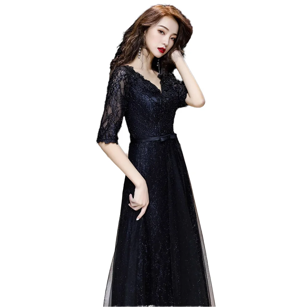 Black Women's Summer A-line Chiffon Plain Dyed Evening Party Dress Light Luxury Niche 2025 New Elegant Socialite Fashion Long