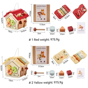 Multifunctional Wooden Knocking Toy for Baby's Early Education Children's Door Opening Shape Matching Beads Busy House Cloth