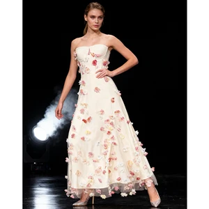 Factory Wholesale New Design Party Dress Women Spring Summer Strapless 3D Appliques Flower Elegant Parties Stage Performances