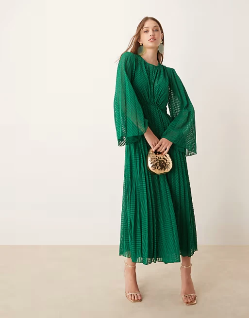 Emerald Green Striped Chiffon Maxi Dress, Long Flare Sleeve Gathered Waist Pleated Crew Neck Formal Midi Dress Emerald Green Striped Chiffon Maxi Dress, Long Flare Sleeve Gathered Waist Pleated Crew Neck Formal Midi Dress