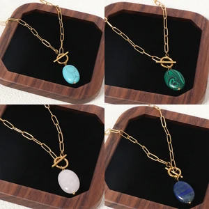 Fashion Geometric Paper Clip Chain Necklace Ball Natural Stone Pendant OT Buckle Real 18K Gold Plated PVD Stainless Anniversary