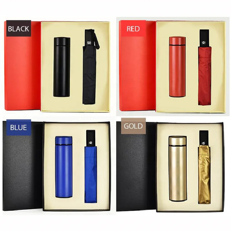 High Quality Customized Logo Advertising Vacuum Cup Umbrella 2 in 1 Gift Set with Gift Packaging for Office Promotion