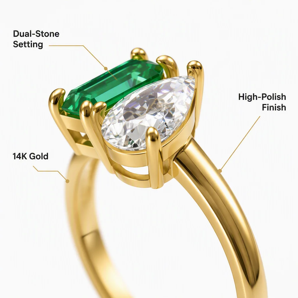 14K Gold Lab Grown Diamond Ring Emerald Cut Pear Round Lab Created Diamond Engagement Ring Lab Diamond Rings for Women