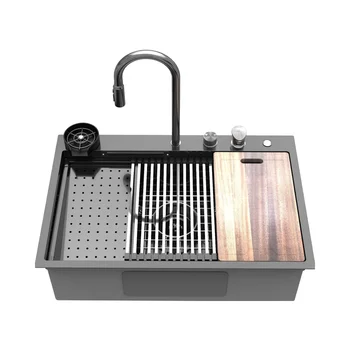 33-Inch Single Bowl Kitchen Sink Gunmetal Black Drop-Qubfuen Flush-Mounted Waterfall Faucet 16 Gauge Stainless Steel Sink