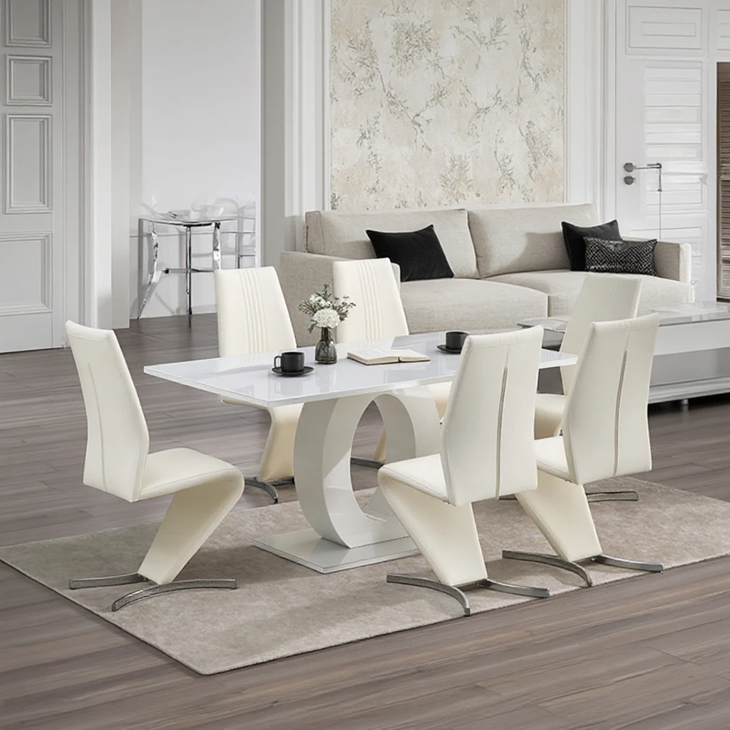 Modern Extendable Dining Table and Chair Set with Panel Design White for Apartment and Hotel Use MDF+Tempered Glass