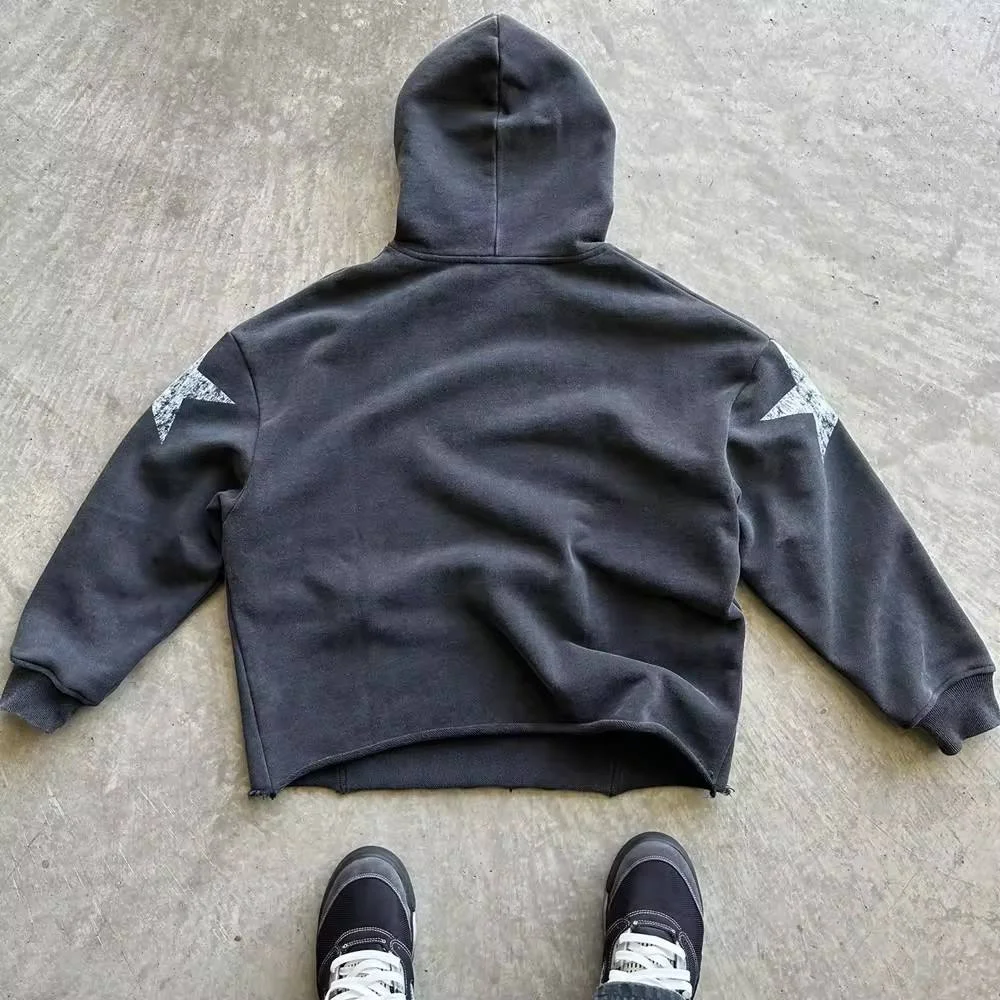 SALATI Custom Vendors for Hodiee Raw Hem DTG Printed Washed Vintage High Quality High Worn-out Boxy Cropped Blank Men Hoodie gallery 3