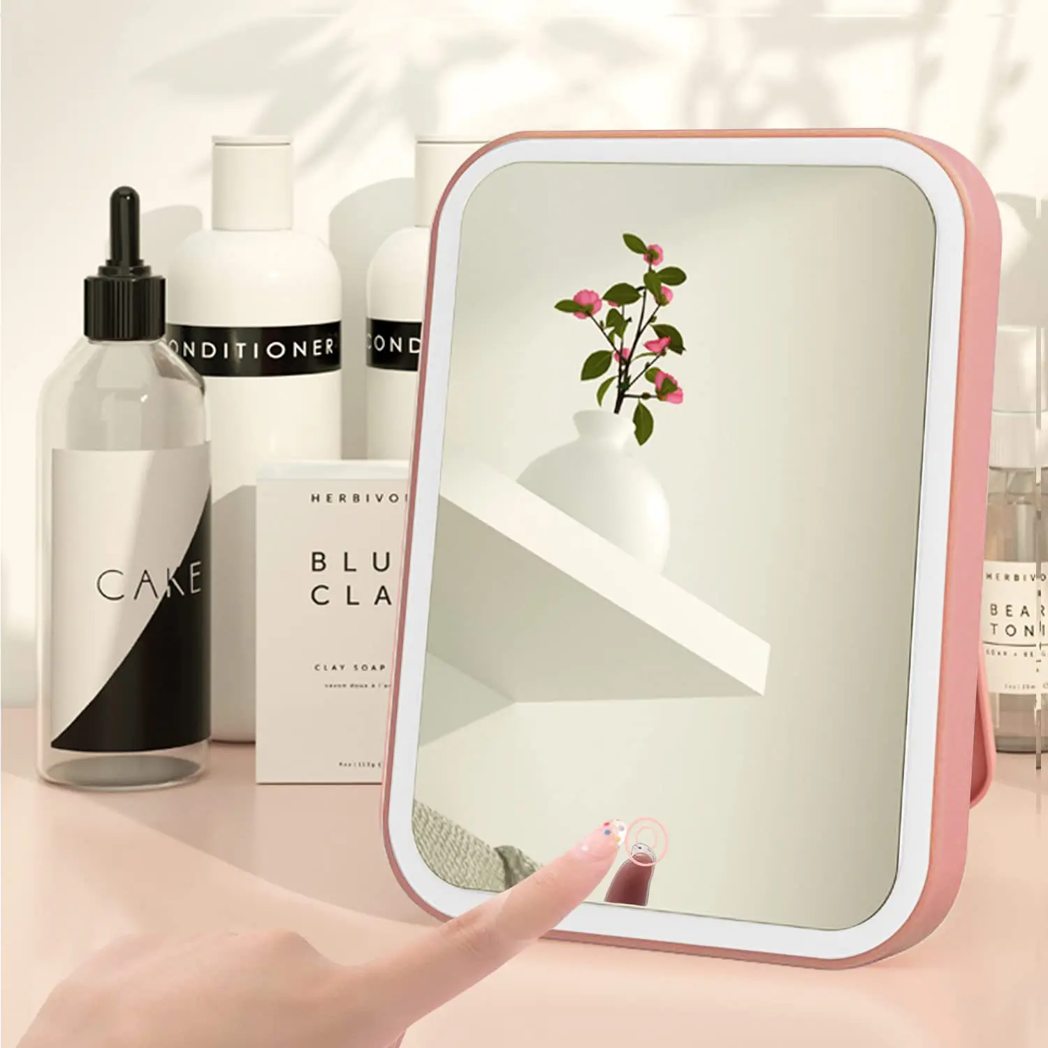 Pink Led Makeup Mirror With Lights Portable Travel Vanity Mirror