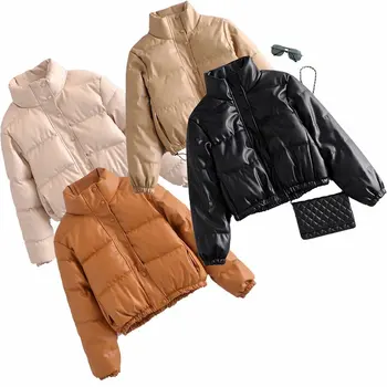 Thick Padded Quilted High Neck Puffer PU Jacket Coats Waterproof Puffer Women Crop Jacket