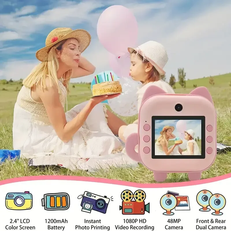 Kids Video Recording Camera with Instant Printing Selfie & Front Rear Photos Hidden Recording Function Toy Gift for Boys & Girls