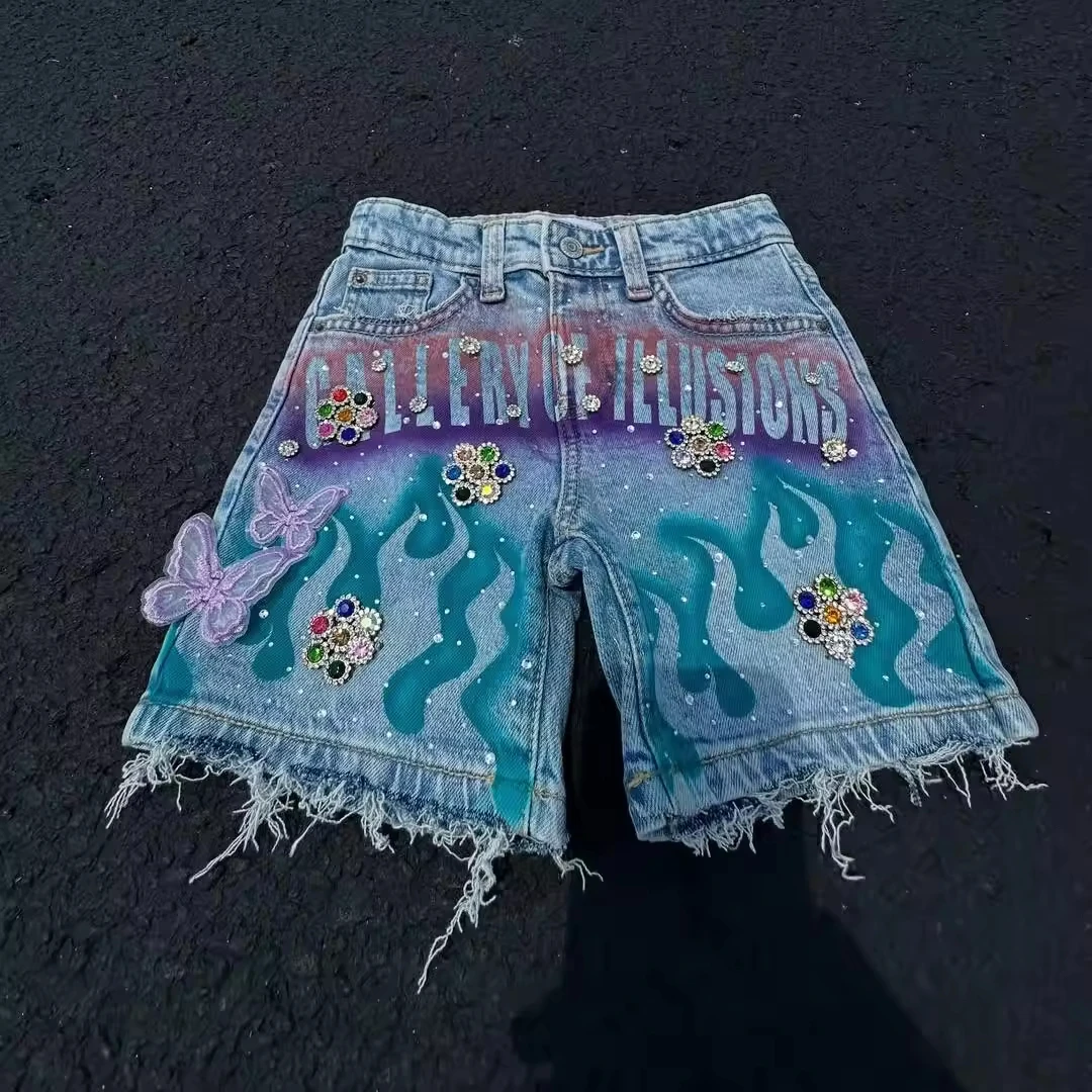 Customizable Oversize Men's Vintage Denim Shorts Breathable Straight Style with Embroidered Rhinestone Decoration Short Men
