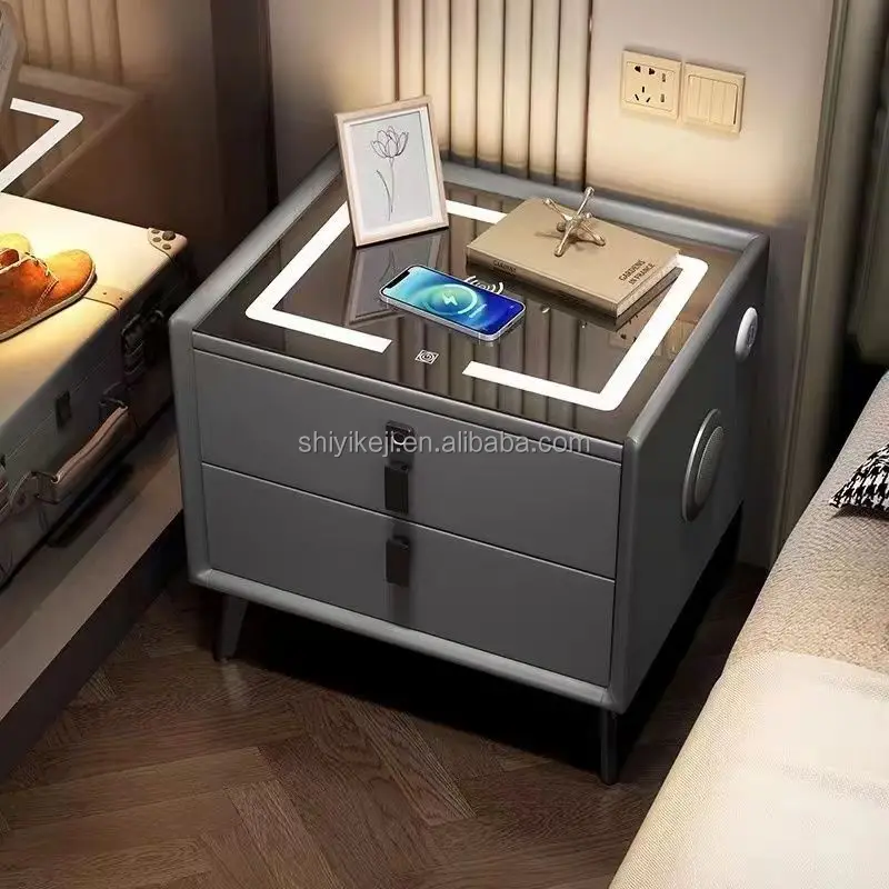 Smart Bedside Table Solid Wood Multifunctional Minimalist Style Three