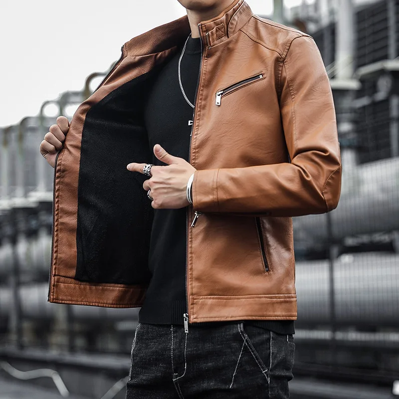 2024 Men's PU Leather Coat Korean Handsome Youth Zipper Long Sleeve Stand Collar Pockets Solid Color Men Fashion Jacket_voghion.com