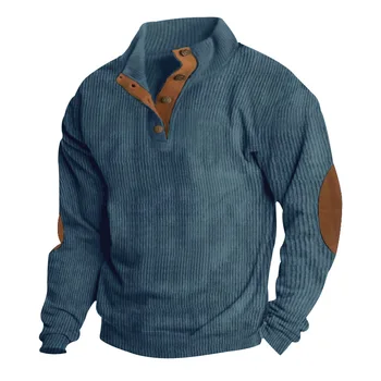 New Men's Long Sleeve Casual Pullover Sweatshirt with Button Stand Collar Corduroy Warm Thick Jacket Autumn Outdoor Wear