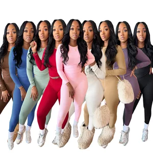 Custom Logo Women Clothing 2 Pieces Outfits Solid Ribbed Long Sleeves T Shirt Legging Pants Set Sweatsuit Set
