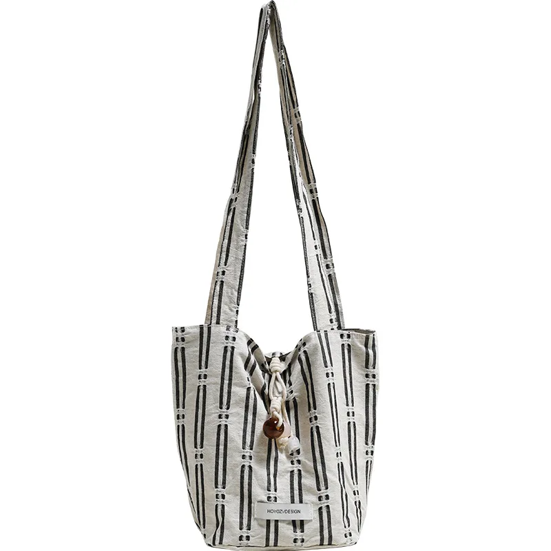 2024 Summer New Linen-cotton Canvas Striated Tote Bucket Bag Large Capacity  Ladies Simple All-matching Shoulder Bag