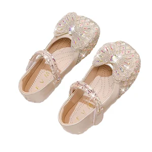 2026 Spring Autumn Girls' Mary Jane Flats Princess-Style PU Upper Shiny Crystal Rhinestone Casual Shoes for New Baby Pram