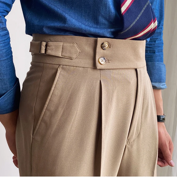 Pantalon Taille Haute Homme Uni Tube Droit Décontracté Professionnel - Style Italien Boutonné