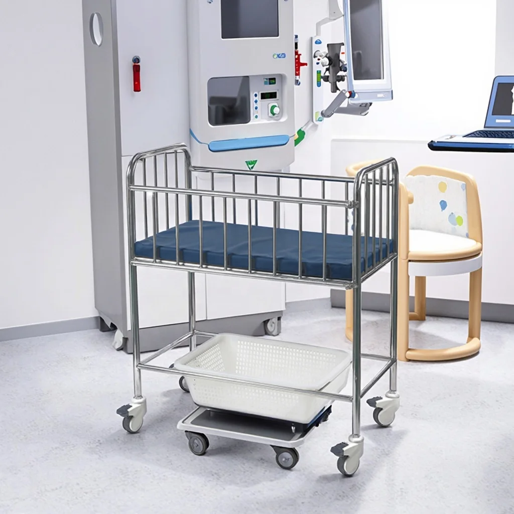 Premium ZHONG BAI SJCE17-A SUS304 Stainless Steel Adjustable Foldable Medical Baby Crib Soft Sponge Padding Durable for School 5