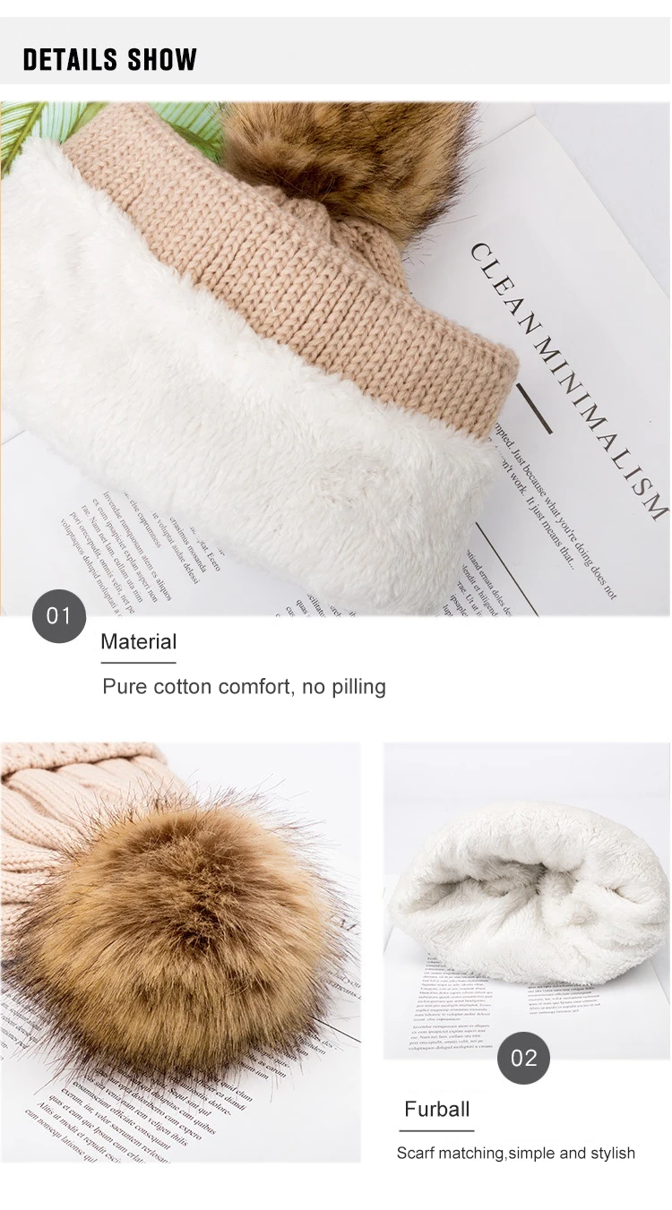 Custom Logo High Quality Acrylic Warm Winter Hats Caps with Thickened Fleece Lining Skullies Pom Pom Knitted Beanie Hat
