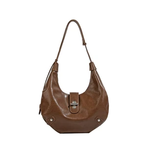 2026 Fall Luxury Women's Brown Half Moon Horn Zipper Closed Shoulder Bag New Fashion Style with Leather Underarm Bag