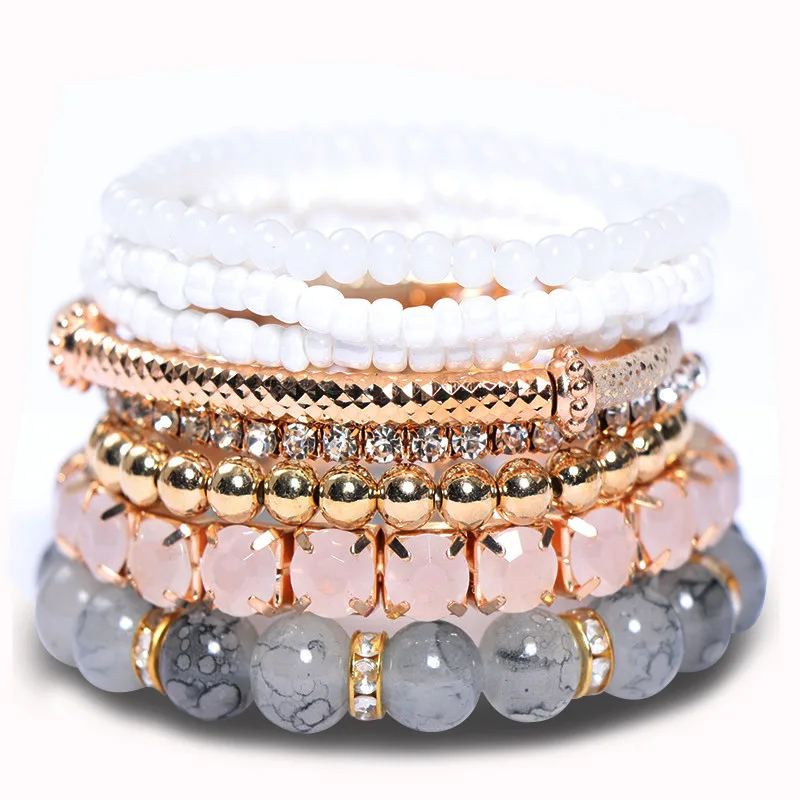 Wholesale Bohemian Fashion Charm Stack Bracelets Set Colorful Natural Stone Boho Ethnic Rice Beaded Jewelry Bracelet Gift Sets