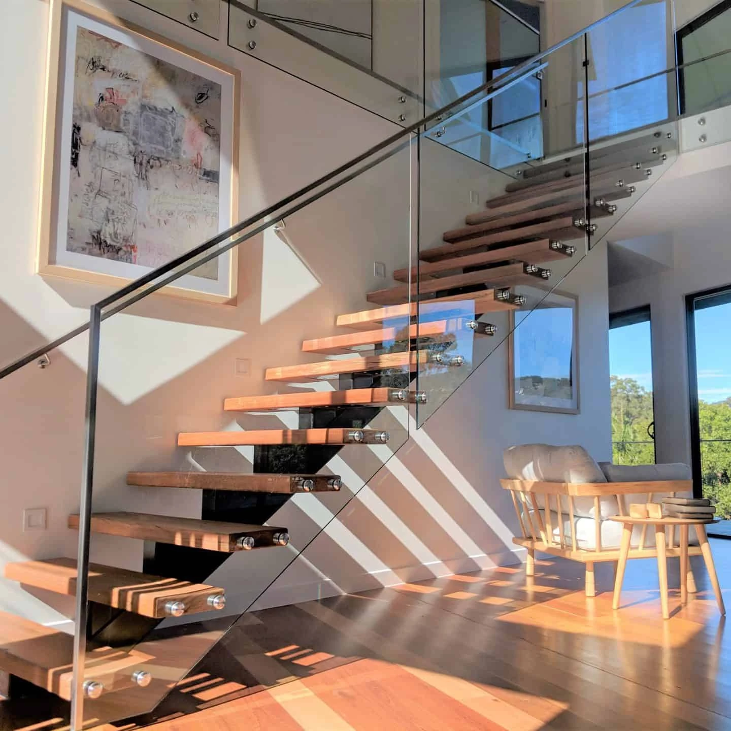 modern indoor standoff glass railing straight stairs with beech wood