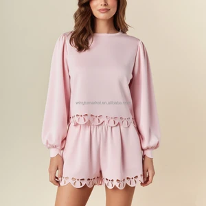 Women Pink Bow Cutout Loungewear Two Piece Short Set Cute Long Puff Sleeve Top Shorts Outfit with Laser Cut Scalloped Hem