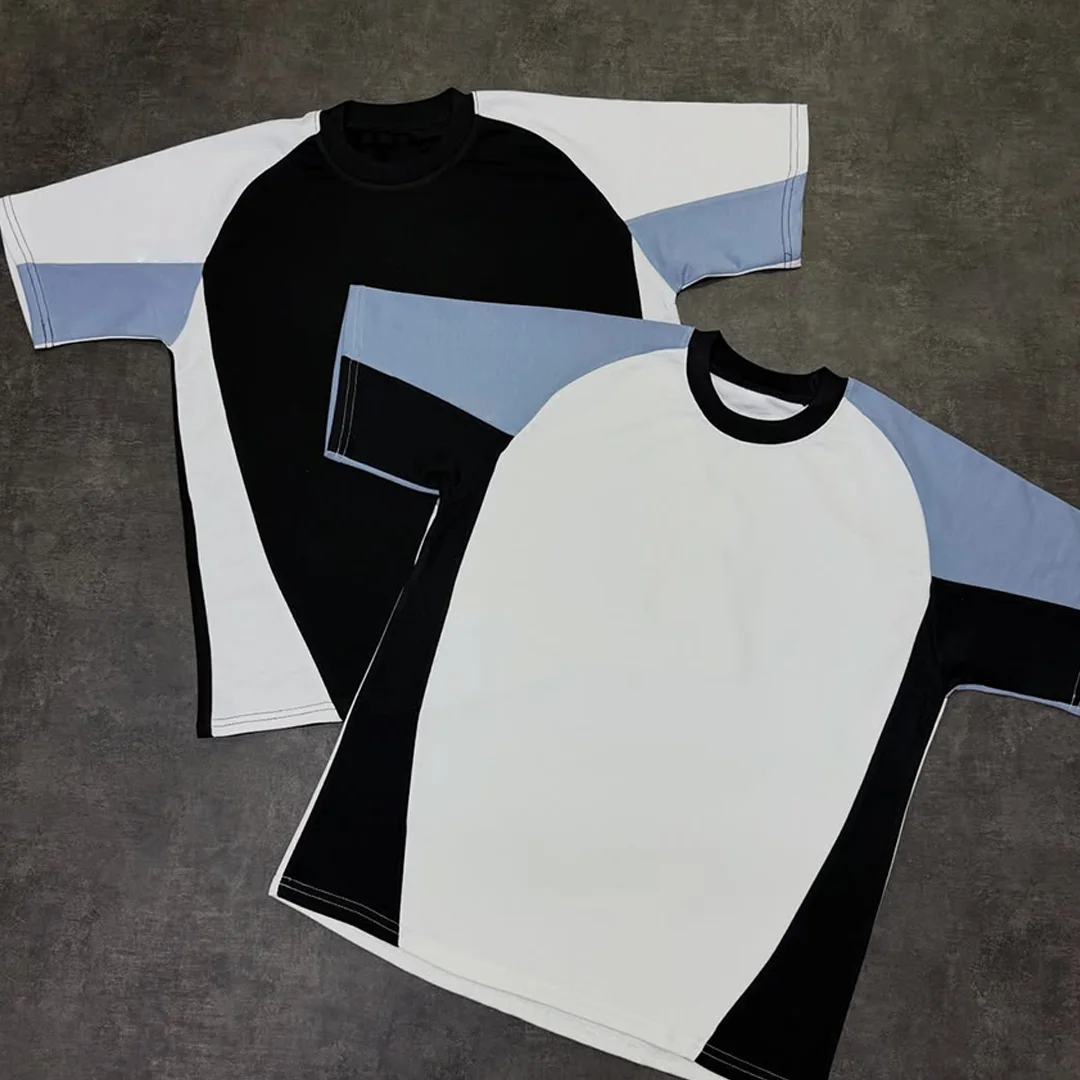 Męski kolorowy, patchworkowy, niestandardowy bawełniany koszulek w stylu vintage z nadrukiem DTG, retro streetwear, jednolity kolor, krótkie rękawy
