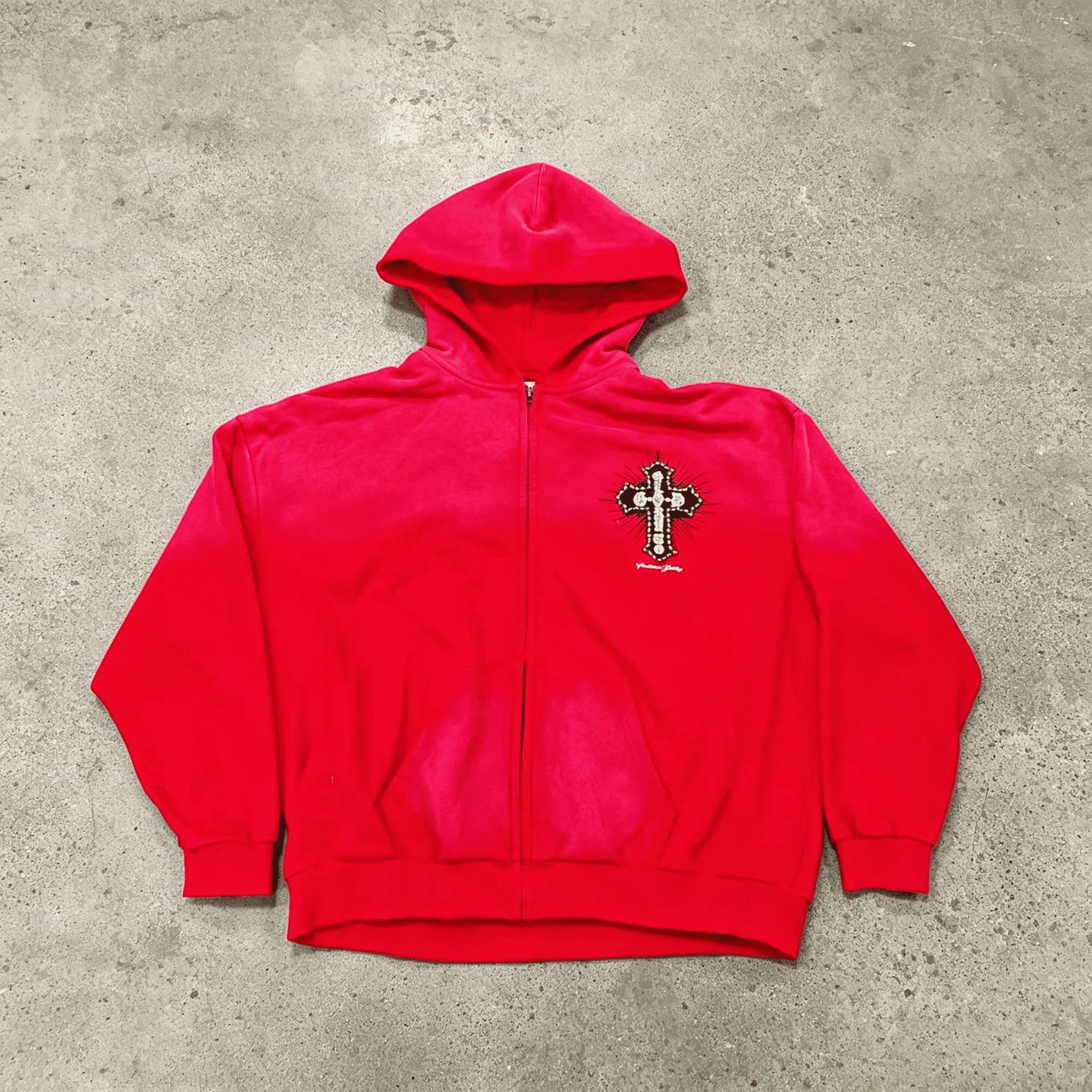 Wholesale Custom Logo Washed Zipper Hoodie Wide Leg Sweatpants Rhinestone Cross Streetwear Winter Fashion Men Tracksuit Set gallery 3