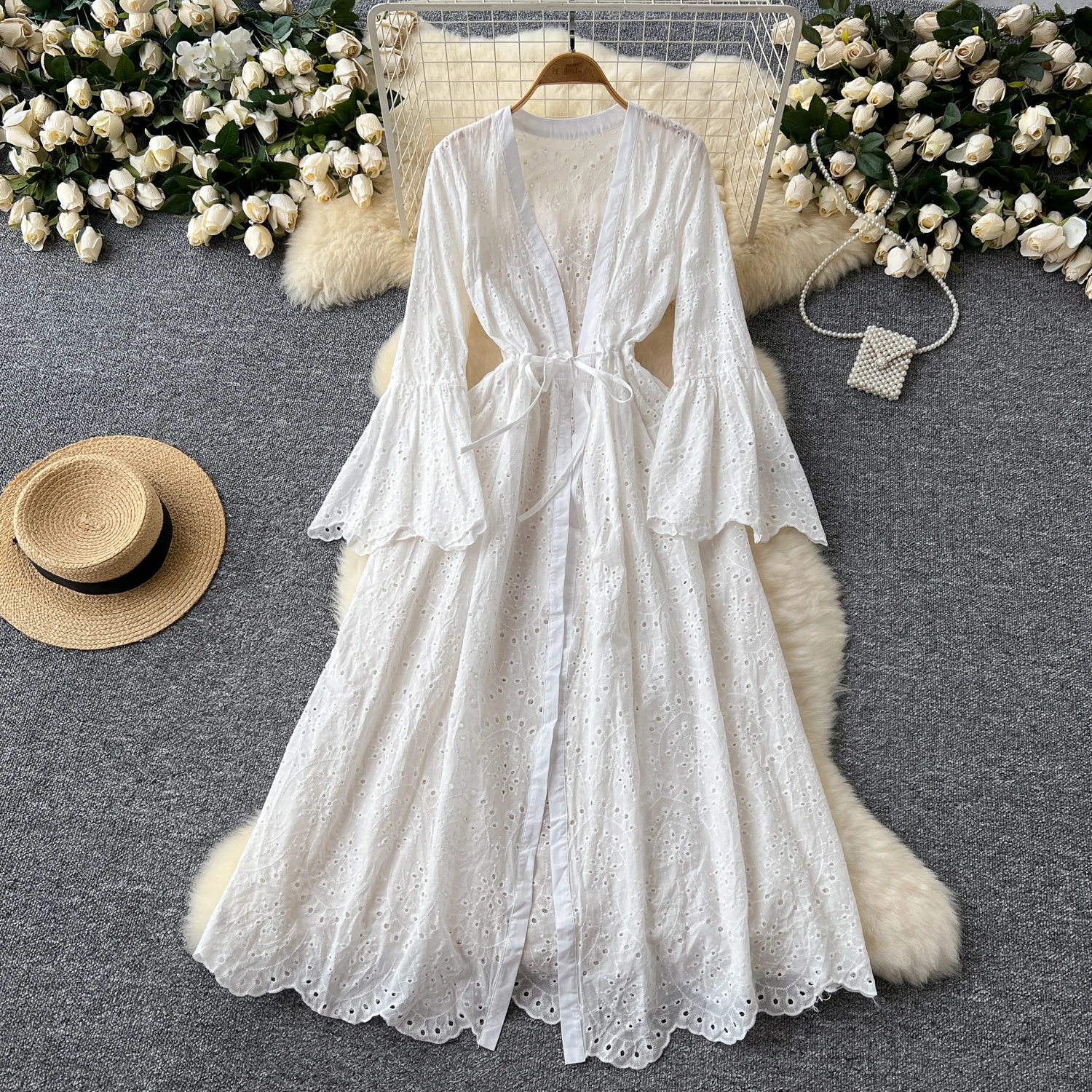 Casual Long Sleeve Lace Midi Dress For Women - Empire Style & Eco-friendly Casual Long Sleeve Lace Midi Dress For Women - Empire Style & Eco-friendly