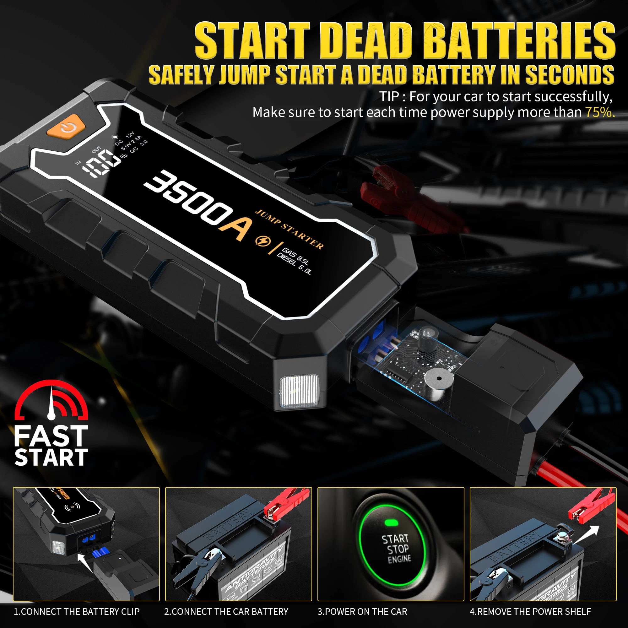 3500A 12V Car Battery Jump Starter Emergency Car Battery Booster Pack Portable Car Battery Jump Starter Power Bank - view 6