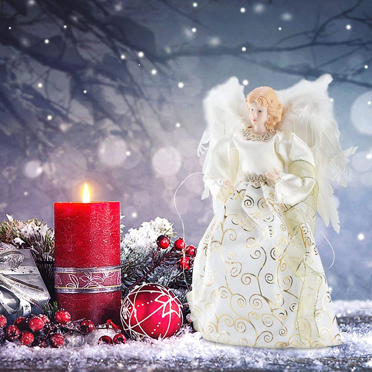 Cheveux D Ange Sapin De Noel Cime D'Arbre De Noël Ange Topper - Statue Délicate Traditionnelle Avec Ailes De Plumes Blanches Pour Sapin, Ornements De Noël, 25×30 CM Ange Pour Sapin De