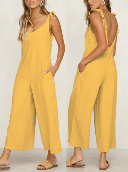 Tied Shoulder Strap V Neck Deep V Backless Sexy Summer Jumpsuit Long Pants Loose Casual Korean Fashion Clothes Women Jumpsuits