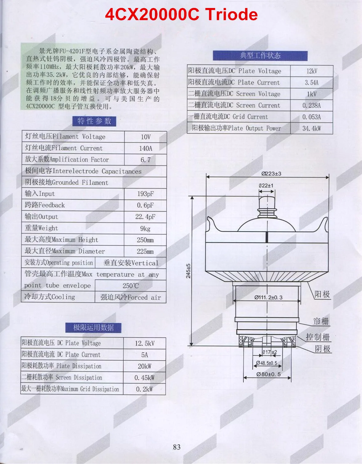 4CX20000C Power Grid Tube - High Frequency Radio Triode