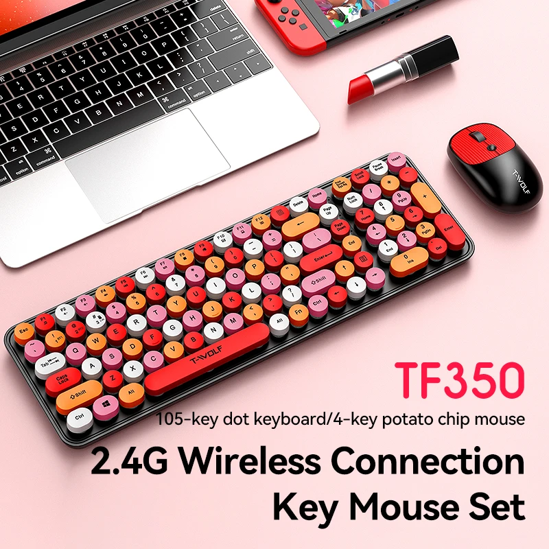 TWOLF TF350 Wireless Keyboard and Mouse Combo Colorful Keyboard Mouse Set with Round Keycaps Cute Wireless Mouse for Laptop PC
