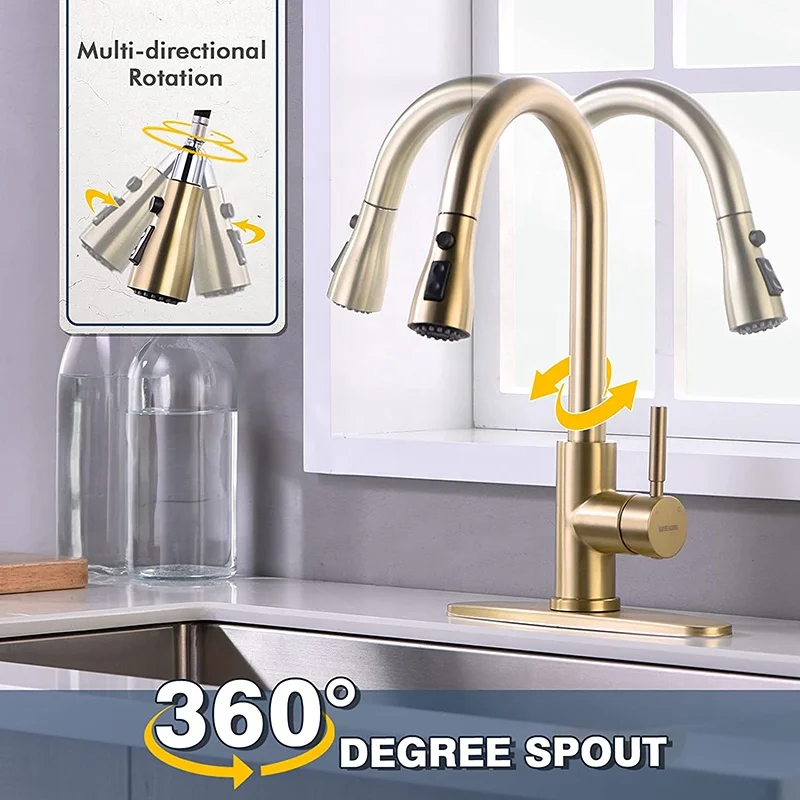 WEWE Single Handle Brushed Nickel Kitchen Faucet Sink Pull Out Sprayer W/Cover 