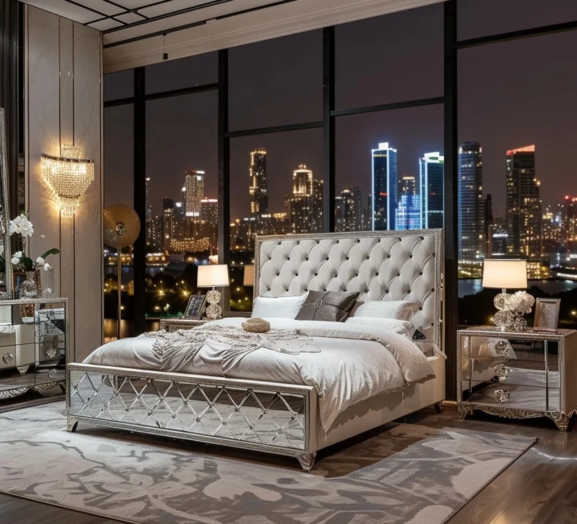Factory Direct Sell Crystal  Mirrored Bed Sets Crystal Diamond Mirror Bed Furniture