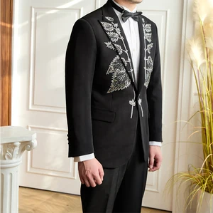 Men's Black Hand-embroidered Sequin 2 Pieces Slim Groom Peaked Lapel High Quality Double Vents Suit Set for Men
