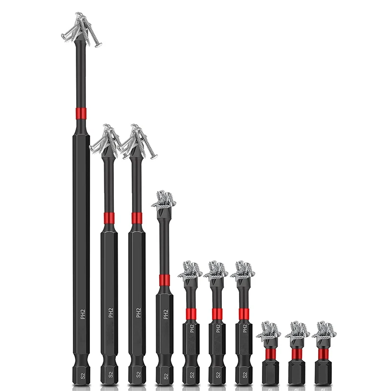 MOYOTEC Black Color 10pcs PH2 Impact Screw Bits Set with Different Length Phillips Head Drill Bits w