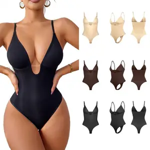 Deep V-neck Waist-tight Waist Shaping Open-end T-shaped Jumpsuit Thong Women's Underwear Plus Size Shapers