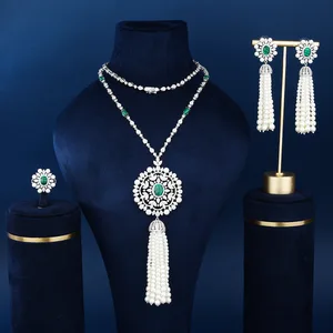 Simple Rhodium Plated Brass Zircon Jewelry Set for Women Wedding & Party Necklace Earrings Ring Fashionable Gift