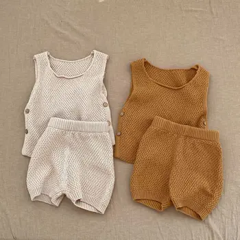 100% cotton 2024 Summer Baby 2-piece Thin Baby Knitted Sweater Top Shorts Baby Clothing Sets