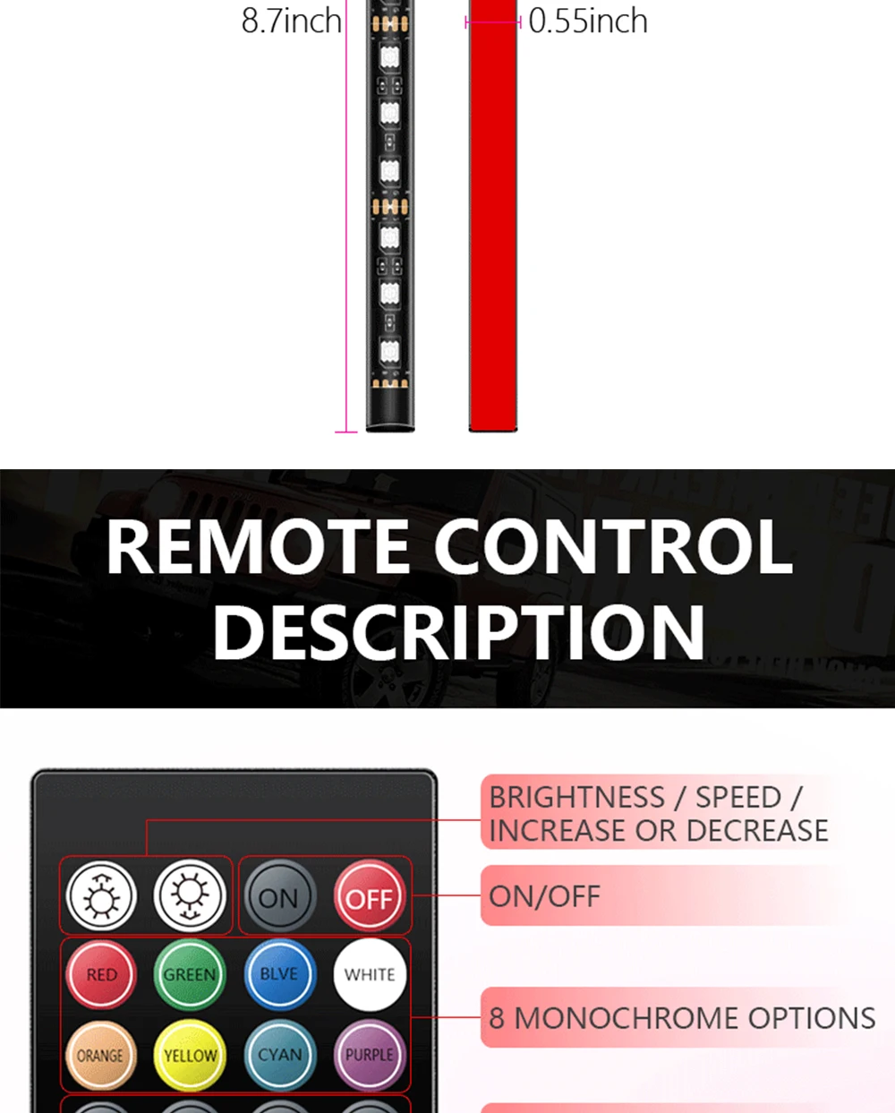 Car cigarette lighter USB plug Interior Lights Strip Decoration Bar Remote/Voice Control 48 LED RGB Car Foot Ambient Light