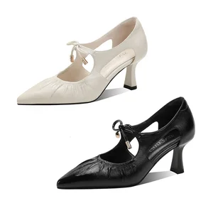 Women's Wholesale Pointed Toe Mid Heel Pumps with Side Cutout and Bow Tie Shoes for Summer and Autumn OEM ODM Available